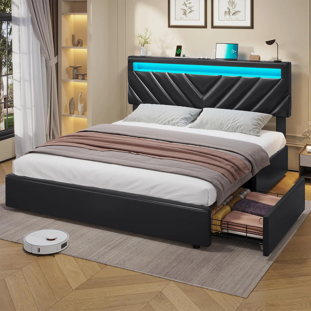 Queen Size LED Upholstered Platform Bed Frame with Drawers U455167