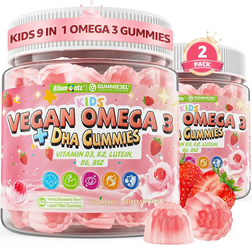 Omega 3 Gummies for Kids 4+, with DHA, Vitamin D3 K2, C, B6 B12, Luetin & Omega 3 6 9, No Fish Taste, Sugar Free Kids Vitamins Gummies, for Brain Bone Eyes Focus Immunity, Fish Oil Alternative, 120Cts - Kansas Nuitrition - HNZSDS J4160