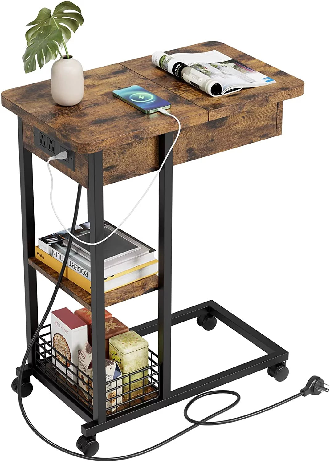 C Shaped End Table with Charging Station and 3 Tier Storage Shelf V51786