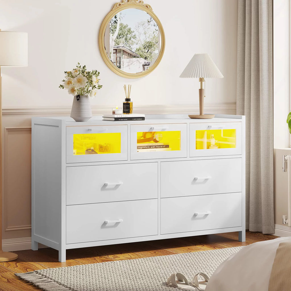 White 7 Drawer Dresser with LED Lights I476