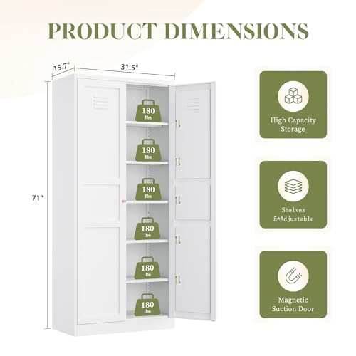 White 5 Tier Metal Storage Cabinet with 2 Doors and 4 Adjustable Shelves H674