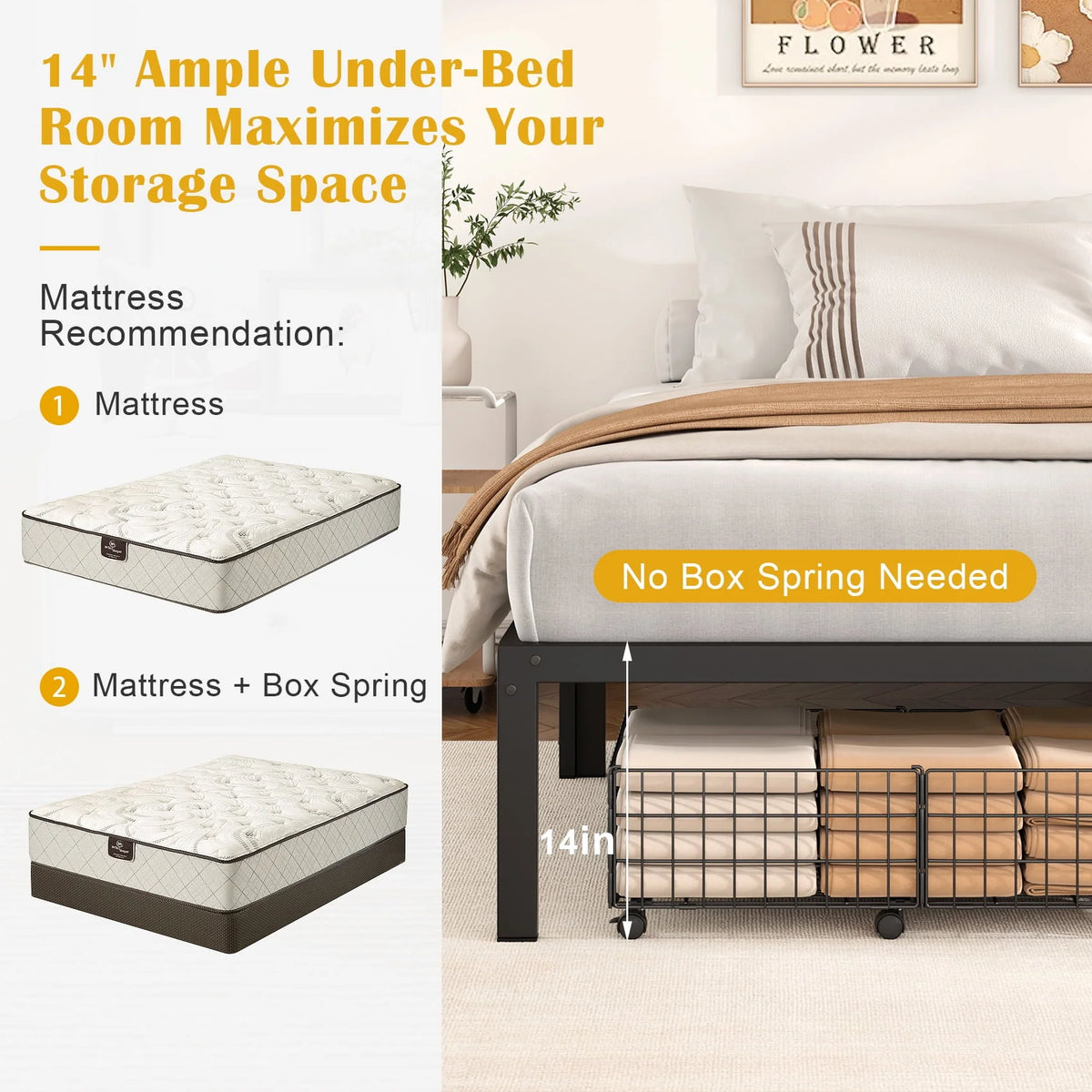 Heavy Duty Queen Size Metal Platform Bed Frame with 14 inch Under Bed Storage, Black B895