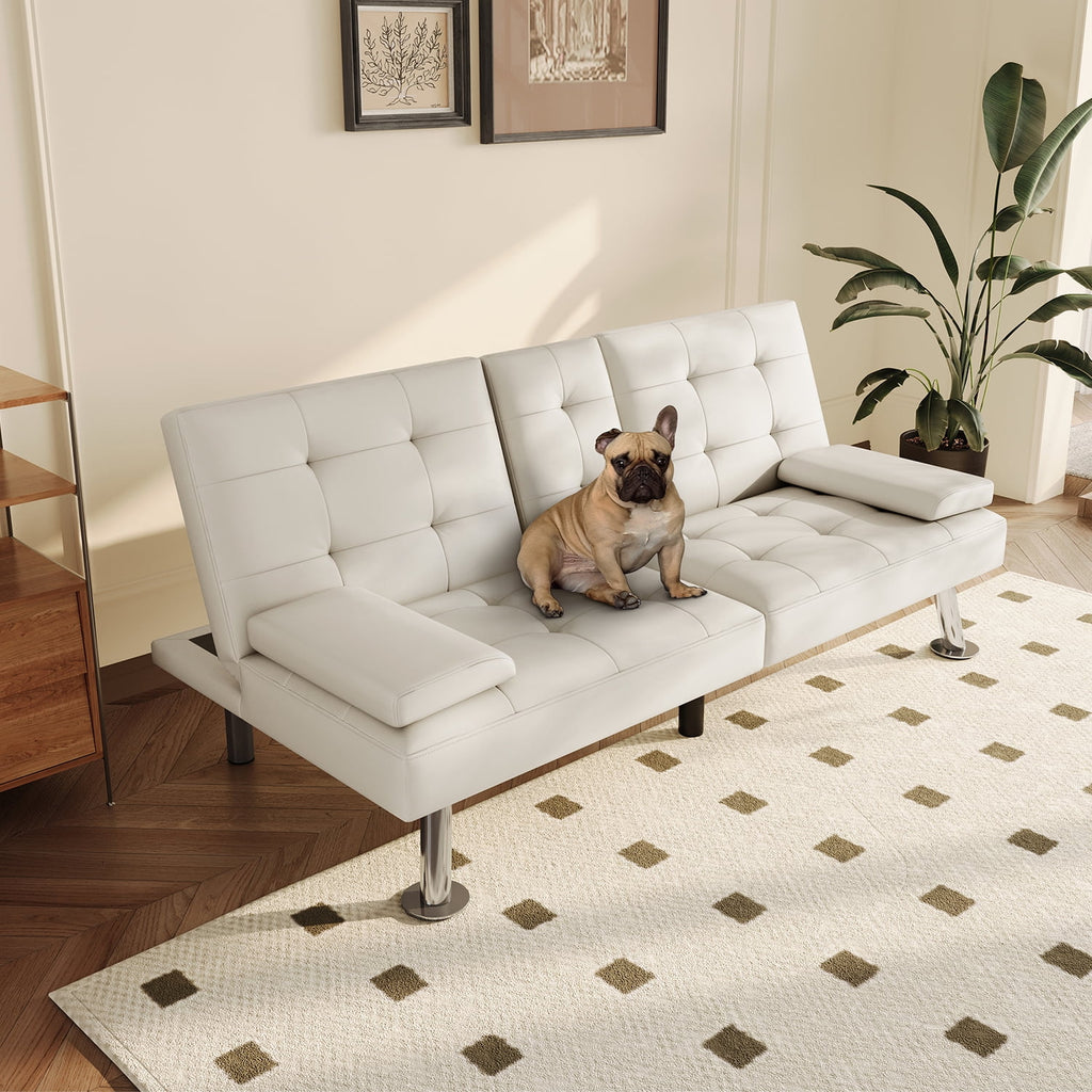 White Faux Leather Futon Couch Y5860
