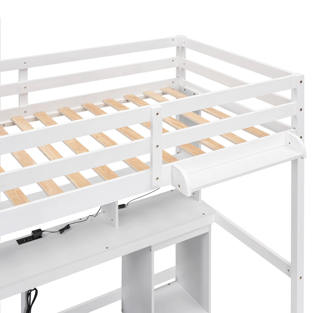 White Twin Size Loft Bed with Built-in Desk and 3 Drawers S8746
