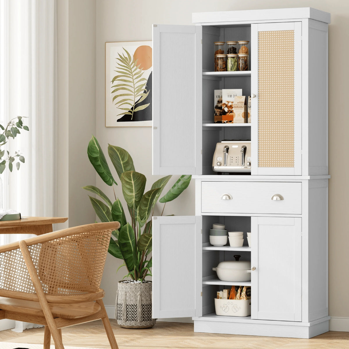 White 72.4'' Tall Wood Kitchen Pantry with 4 Doors T1553