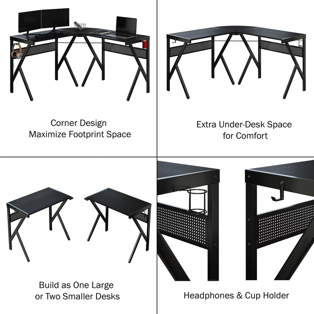 L Shaped Computer Desk with Headphone and Cup Holder Black P7840
