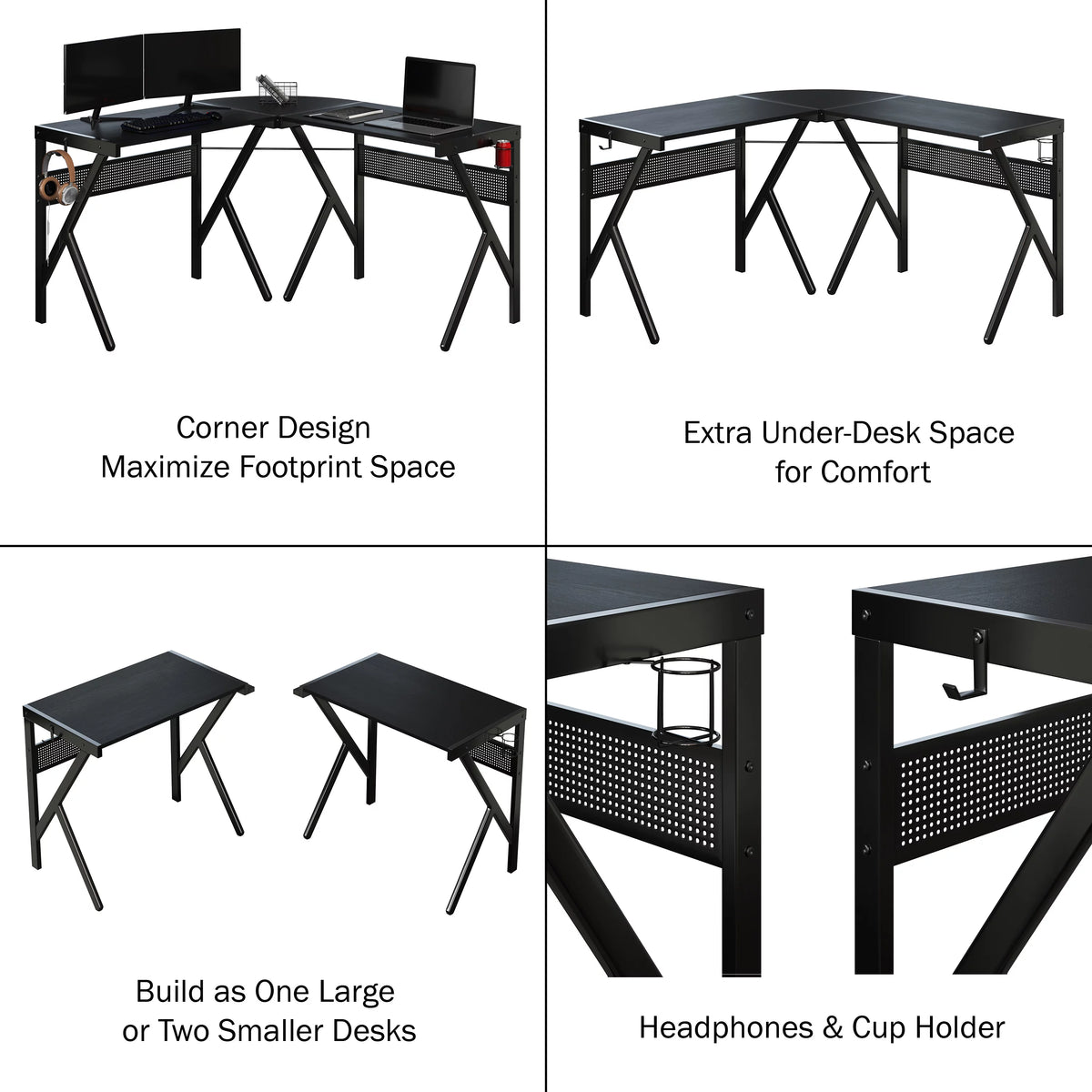 L Shaped Computer Desk with Headphone and Cup Holder Black P7840