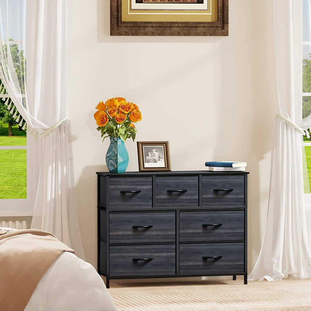 7 Drawer Fabric Dresser with Steel Frame and Wooden Top Z290059