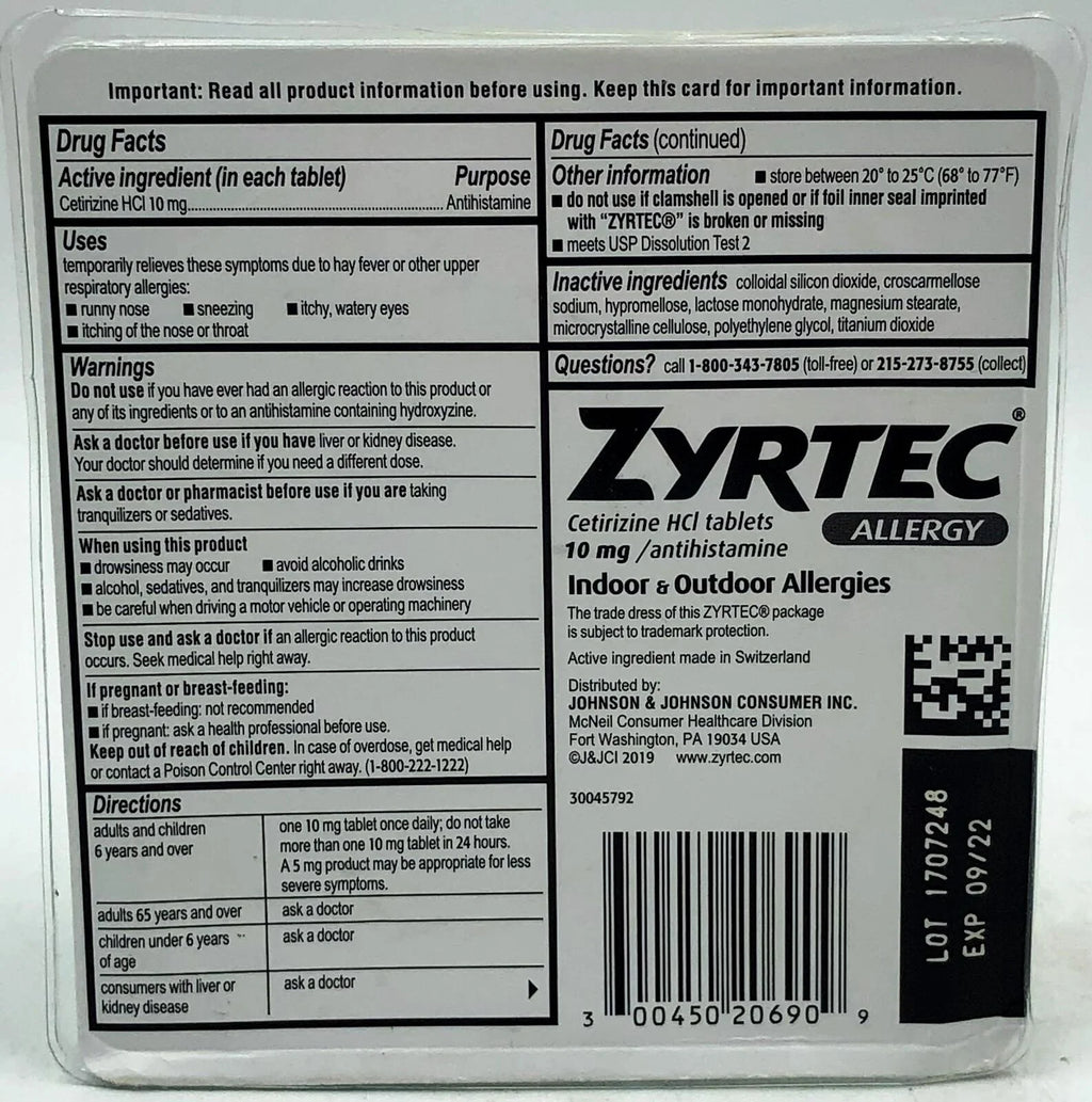 Cetirizine HCI 10 mg Antihistamine 90 Tablets U502352