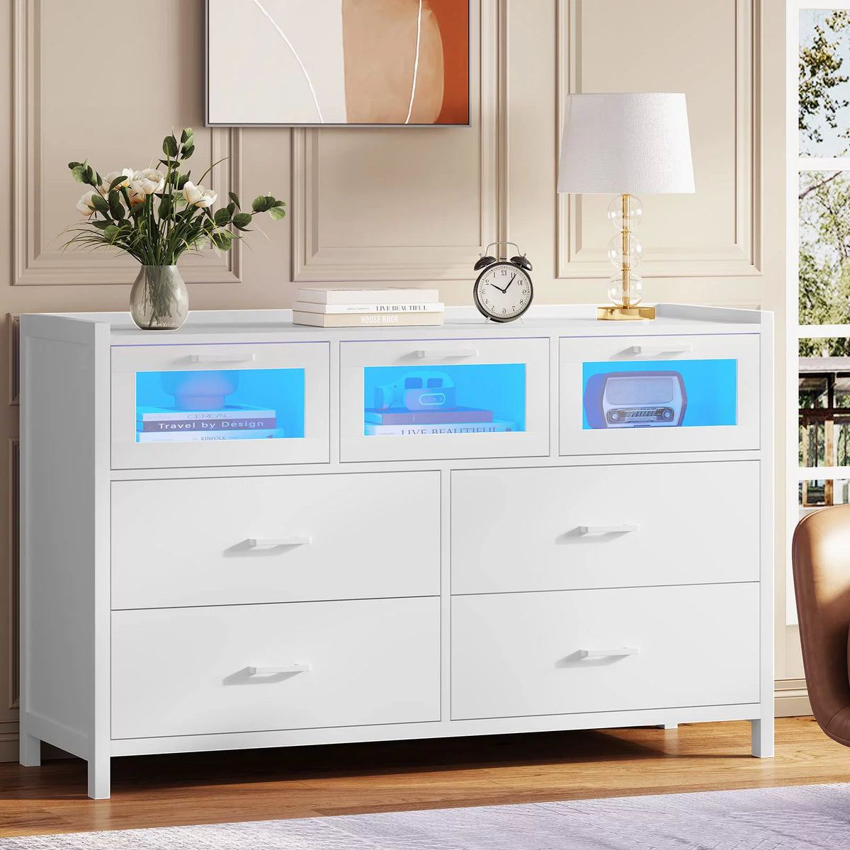 White 7 Drawer Dresser with LED Lights I476