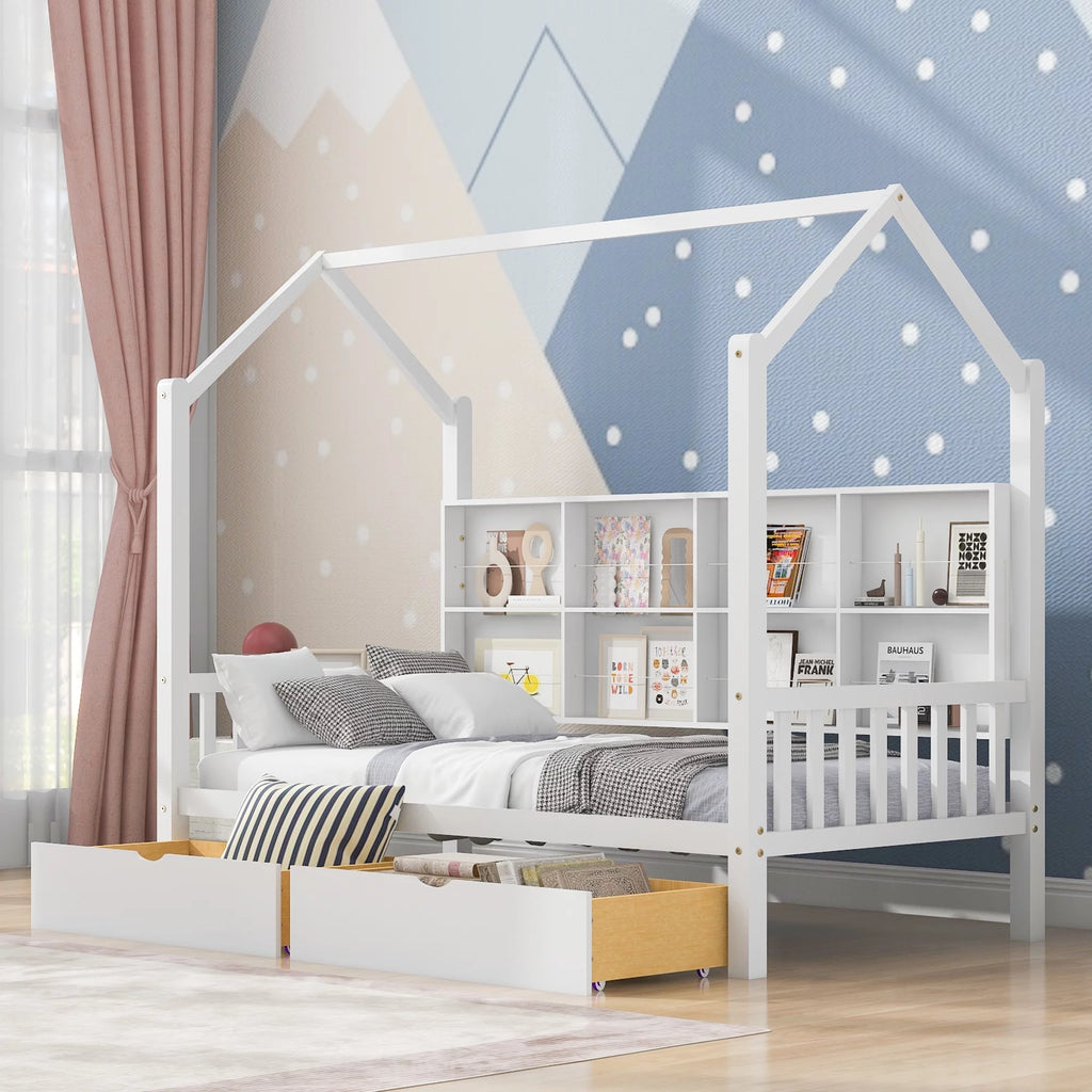 White Twin House Bed with Storage Drawers and Shelves J4041
