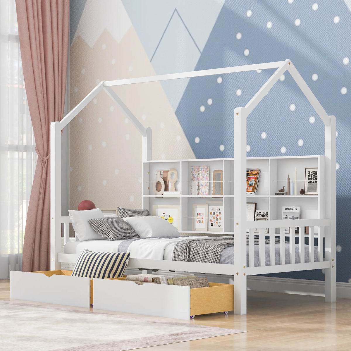 White Twin House Bed with Storage Drawers and Shelves J4041