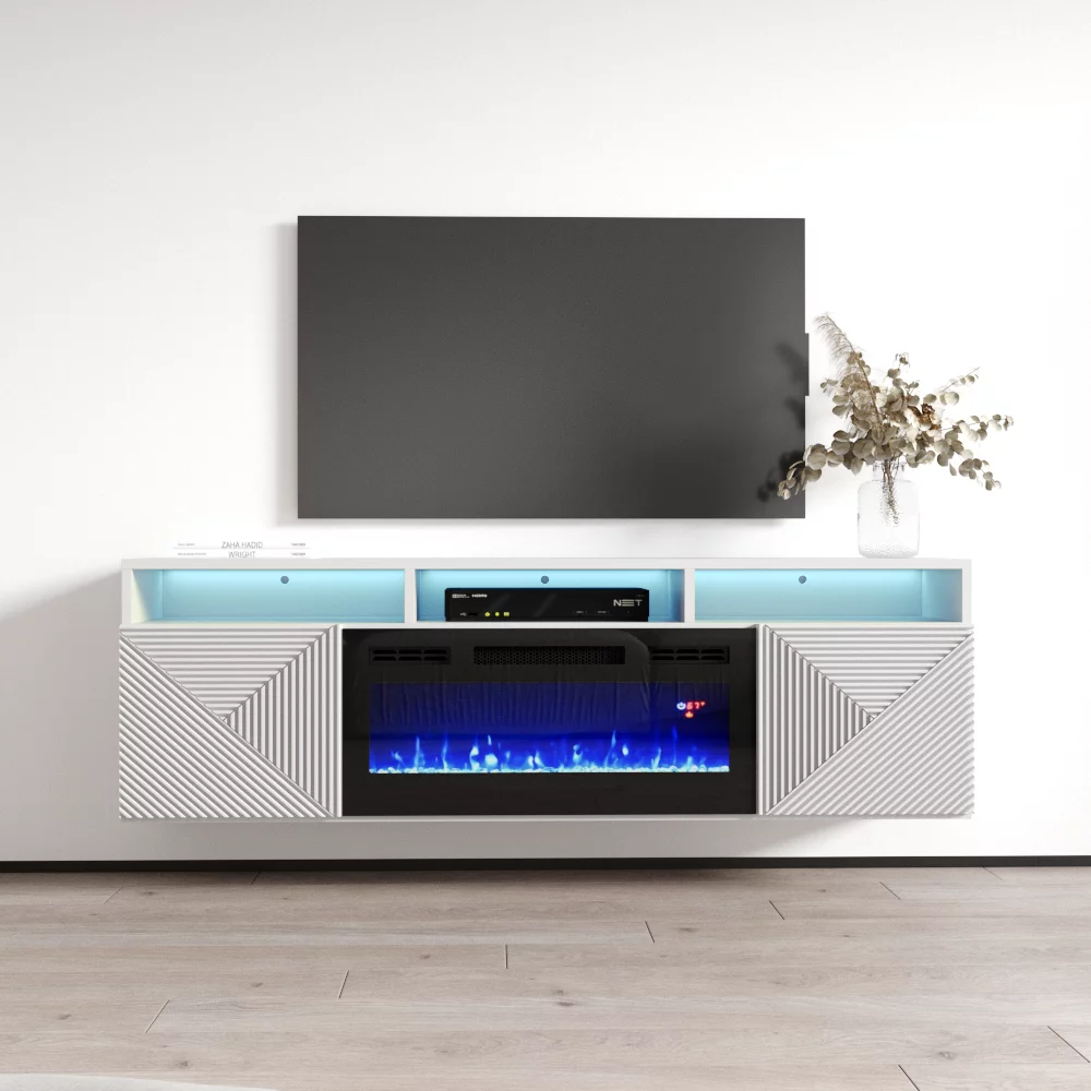 High Gloss Floating Fireplace TV Stand with Storage Cabinets and LED Lights Y182012