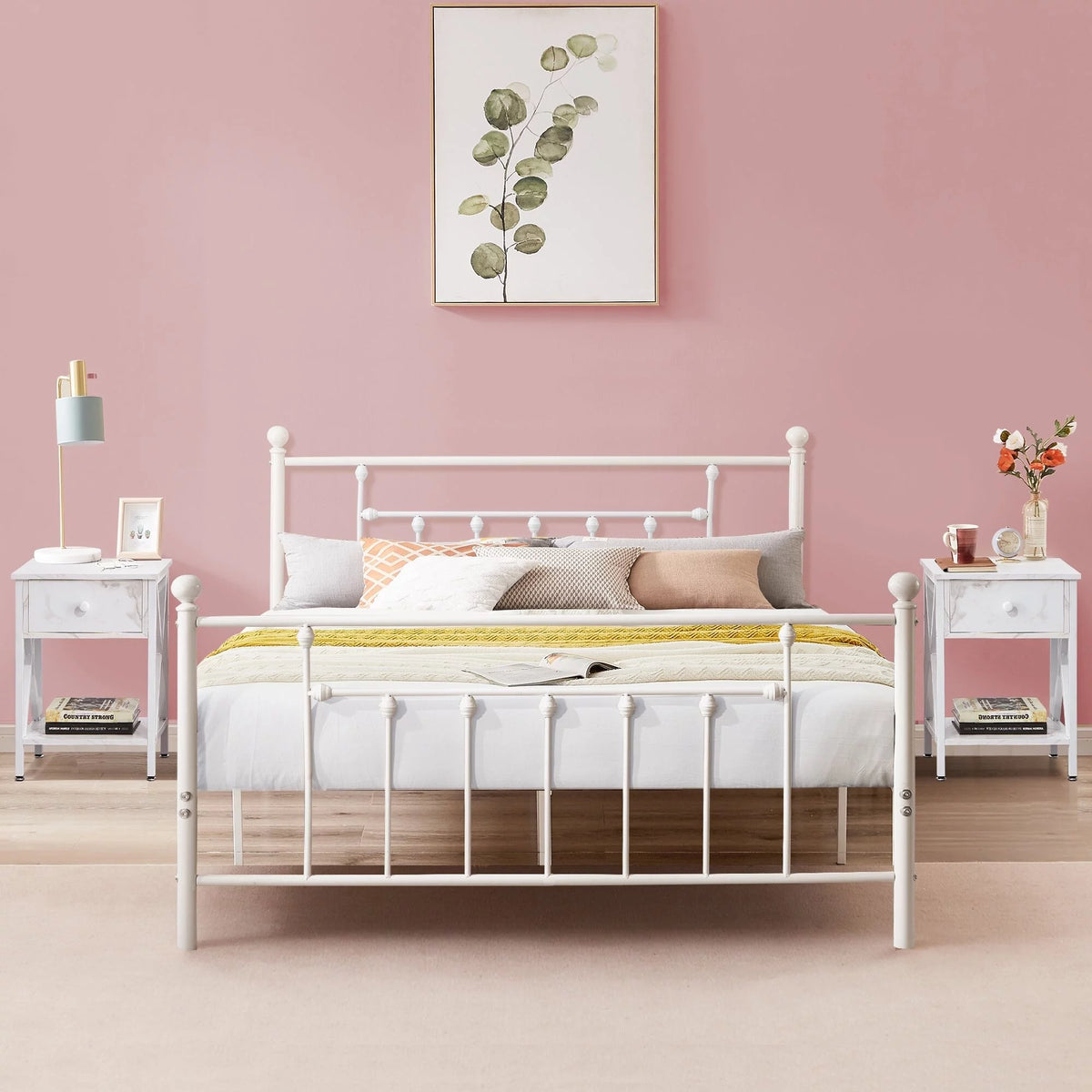 White 3-Pieces Bedroom Set with Platform Bed Frame and 2 Nightstands Full H98447