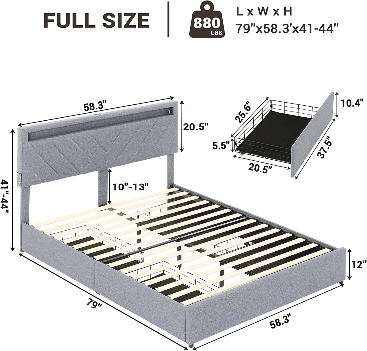 Queen Size LED Upholstered Platform Bed Frame with Drawers U455167
