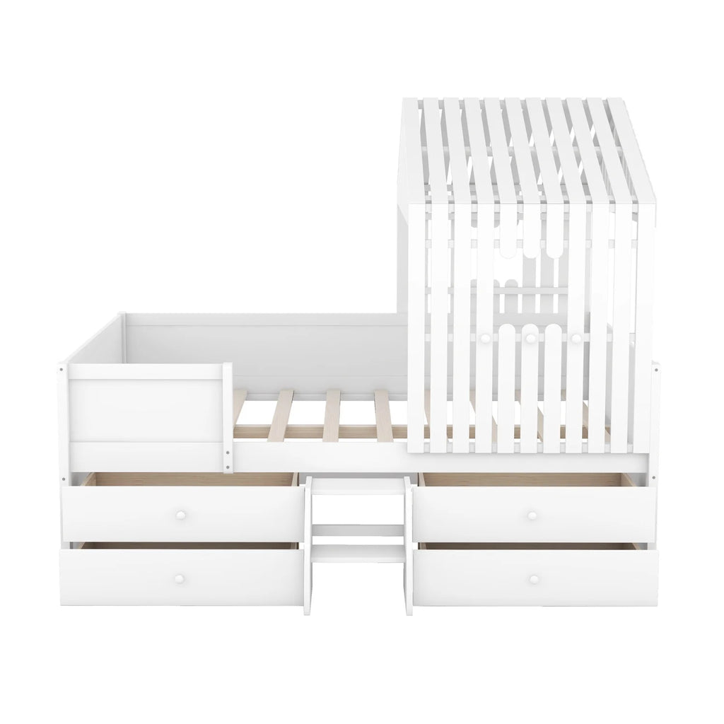 Full Size White Wooden Low Loft Bed with 4 Storage Drawers A1762