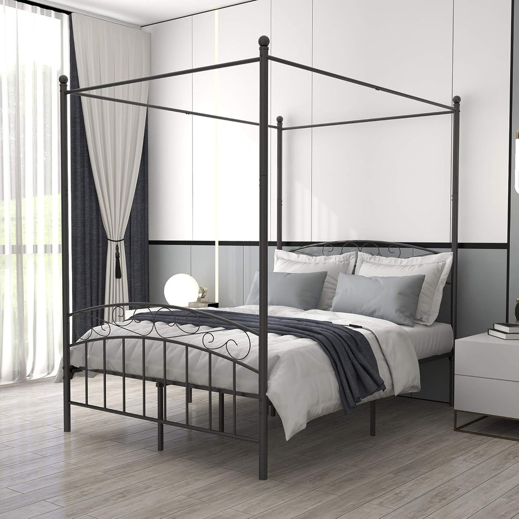 White Full Size Metal Canopy Bed Frame with Headboard and Footboard I66069