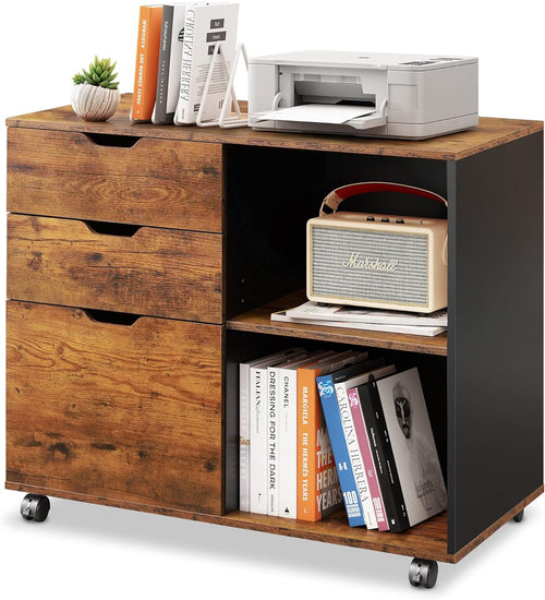 3 Drawer Wood File Cabinet with Storage Shelves, Rustic Brown X3767