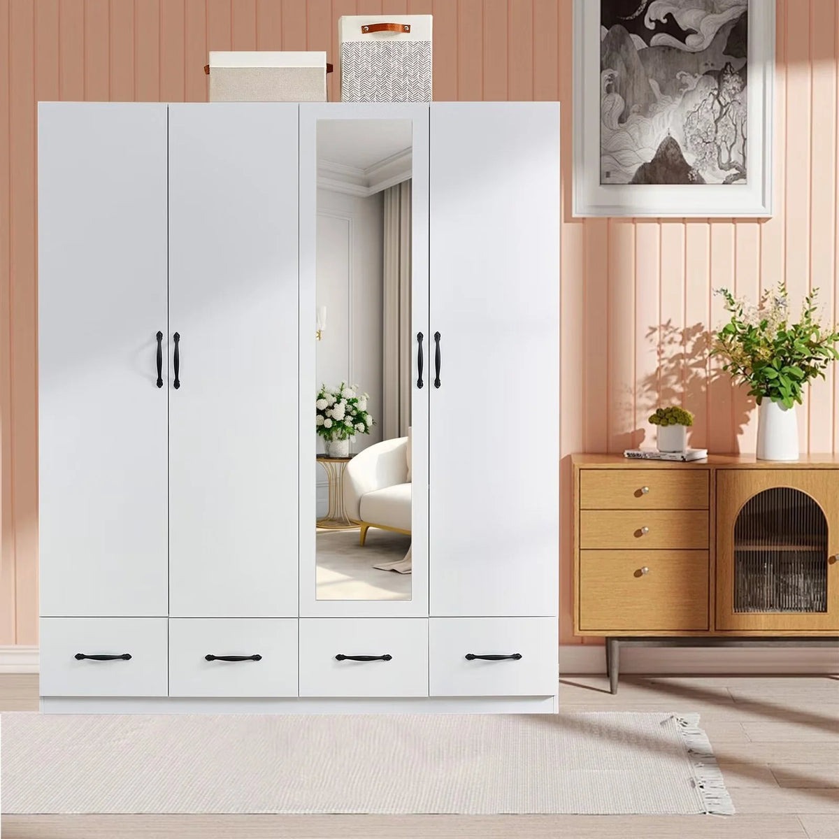White 4-Door Wardrobe Armoire with Mirror, 2 Hanging Rods & 4 Drawers T534