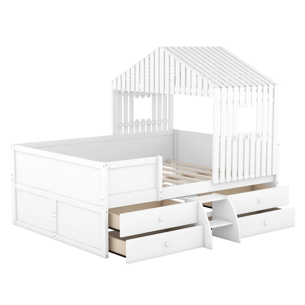 Full Size White Wooden Low Loft Bed with 4 Storage Drawers A1762