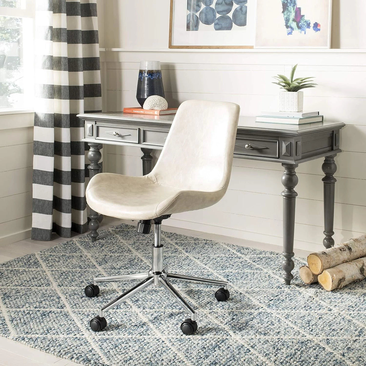 Beige Faux Leather Swivel Adjustable Office Desk Chair E4766
