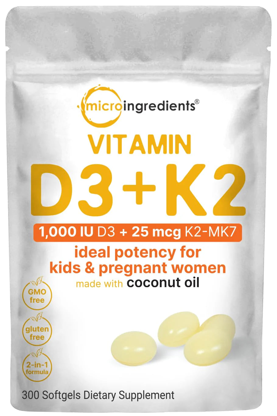 Vitamin D3 1,000 iu Plus K2 25 mcg 300 Coconut Oil Softgels V8109