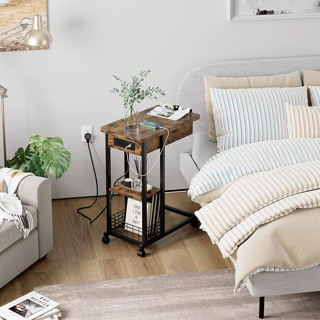C Shaped End Table with Charging Station and 3 Tier Storage Shelf V51786