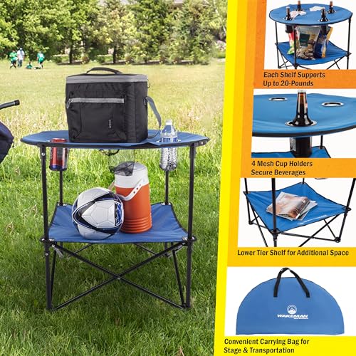 Round 2-Tier Folding Camp Table with 4 Cupholders and Carrying Bag L364817
