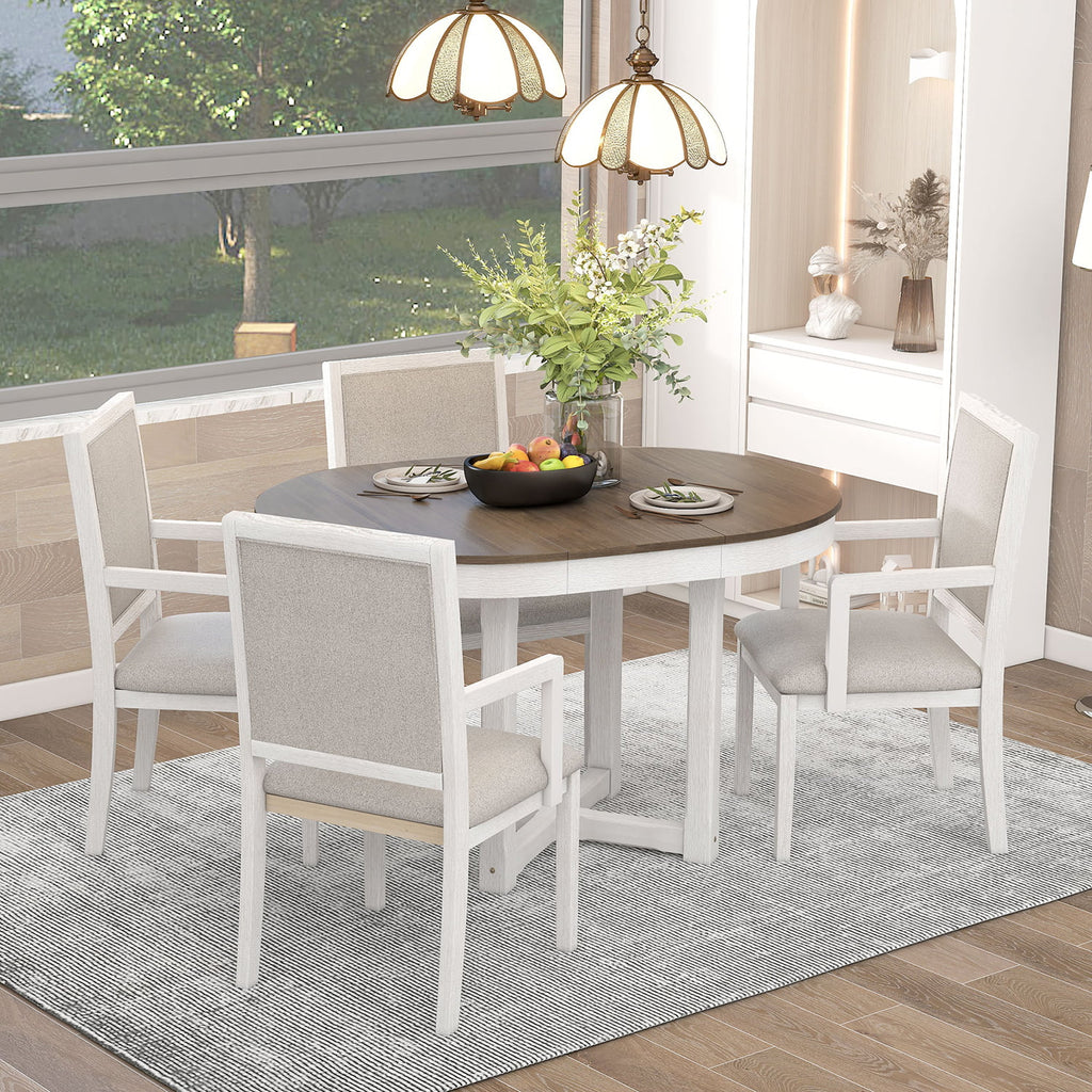 5 Piece Round Extendable Wood Dining Table Set with 4 Upholstered Chairs M852
