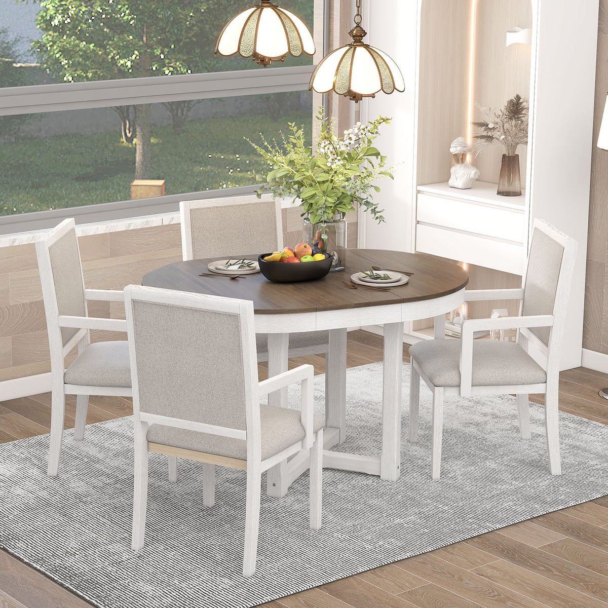 5 Piece Round Extendable Wood Dining Table Set with 4 Upholstered Chairs M852