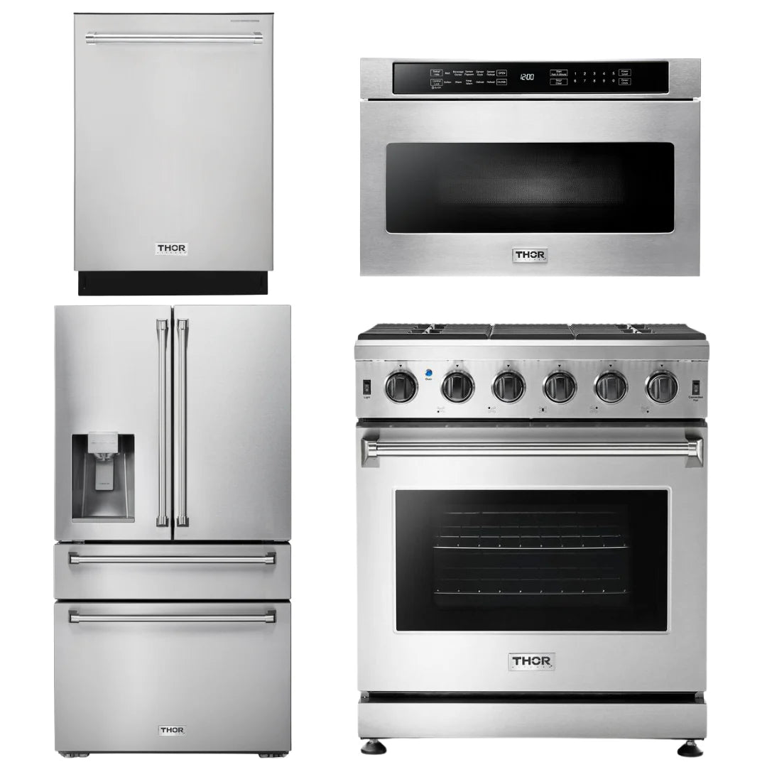 30 Gas Range, Microwave, Refrigerator with Water and Ice Dispenser, Dishwasher V4025