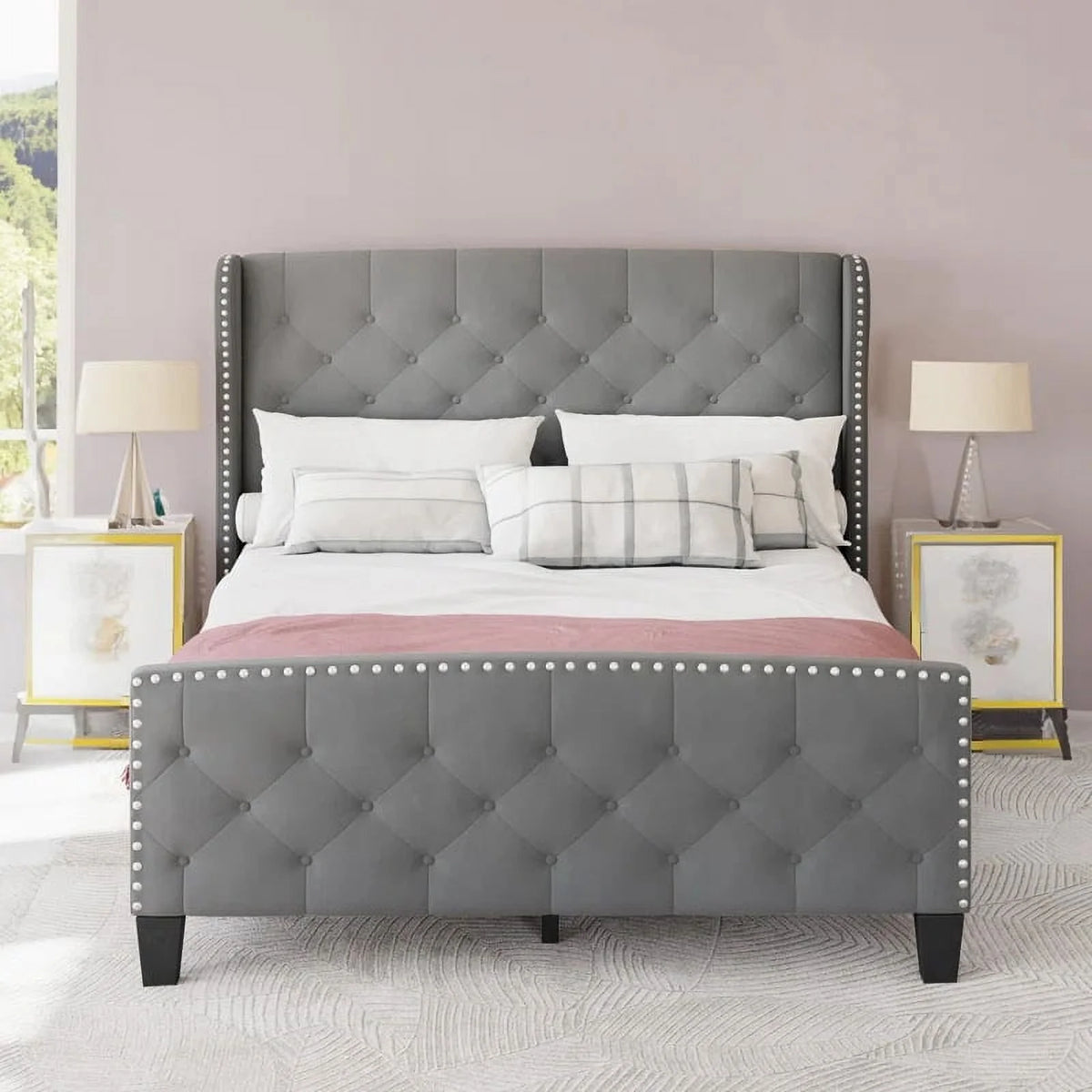 Queen Size Velvet Upholstered Platform Bed Frame with Headboard O36420