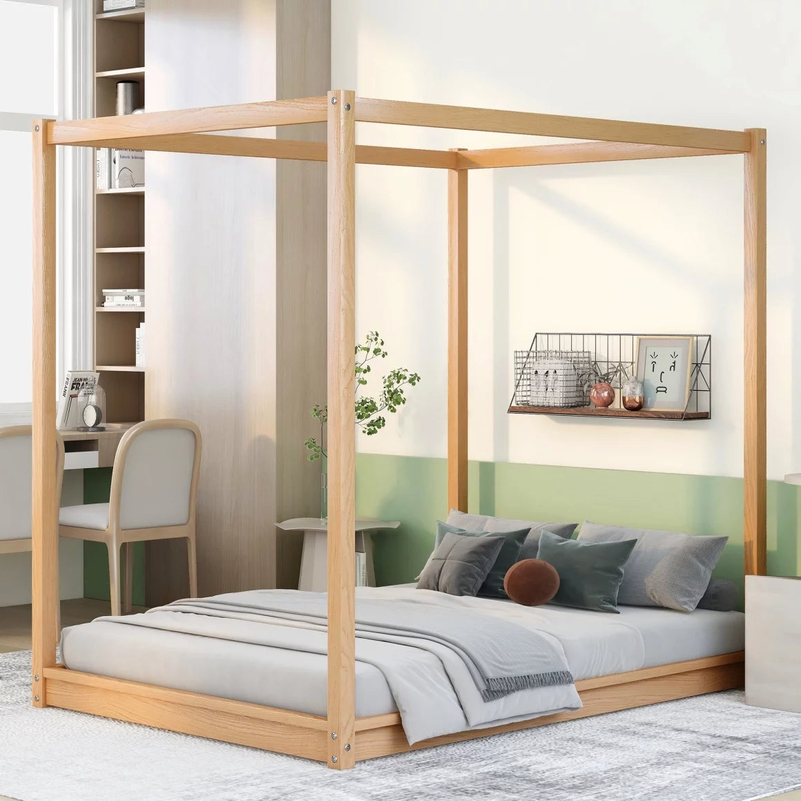 White Queen Size Wood Canopy Bed Frame with Headboard Y671