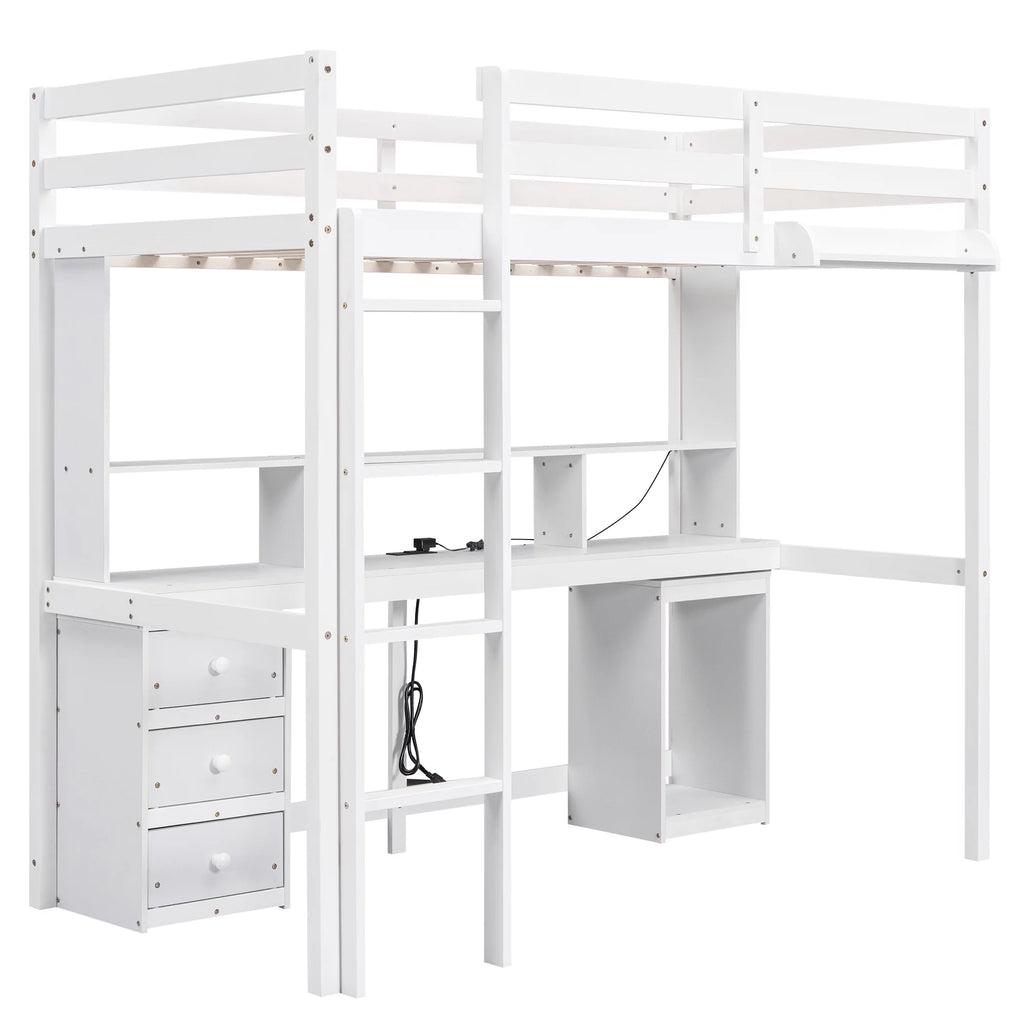 White Twin Size Loft Bed with Built-in Desk and 3 Drawers S8746