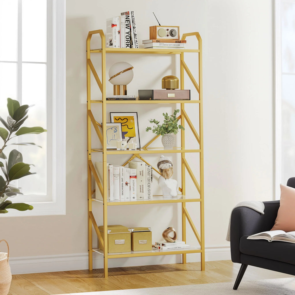 Gold 5 Tier Glass Shelves Bookshelf R519359