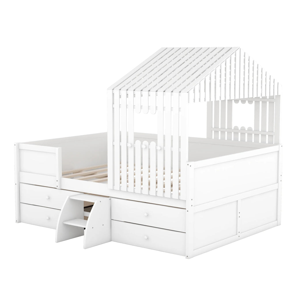 Full Size White Wooden Low Loft Bed with 4 Storage Drawers A1762