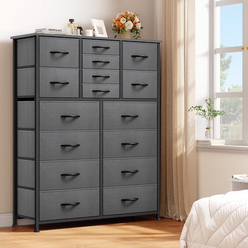 16 Drawer Fabric Dresser with Metal Frame and Wooden Top I5711