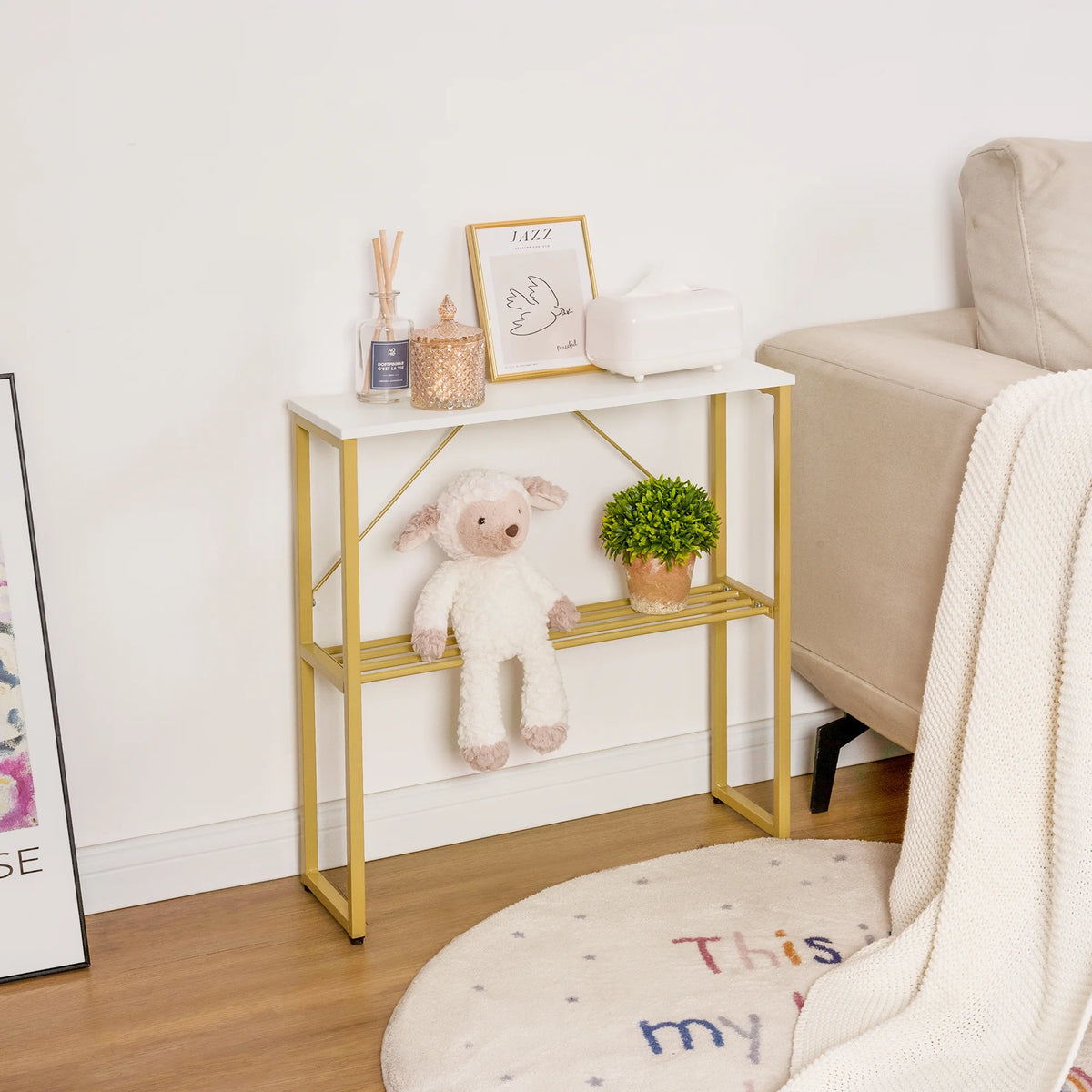 White Narrow Side Table with Shelf Z9949