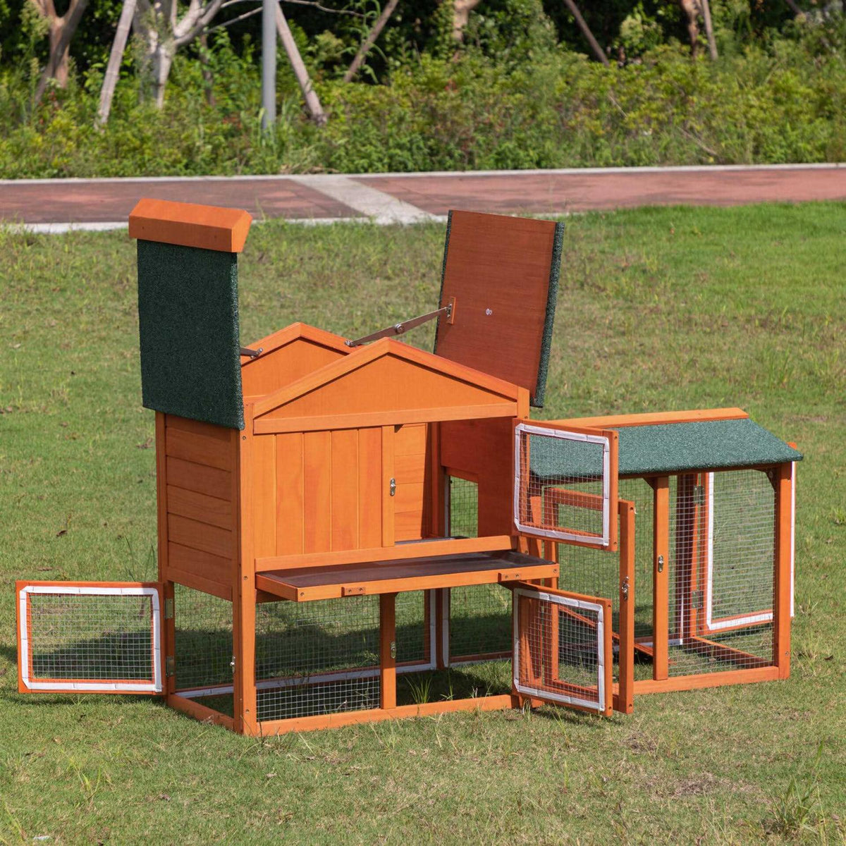 2-Tier Outdoor Wooden Rabbit Hutch with Ramp W58324