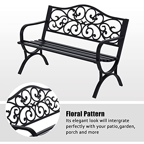 50 Inches Cast Iron Metal Patio Bench with Floral Pattern Backrest O77274