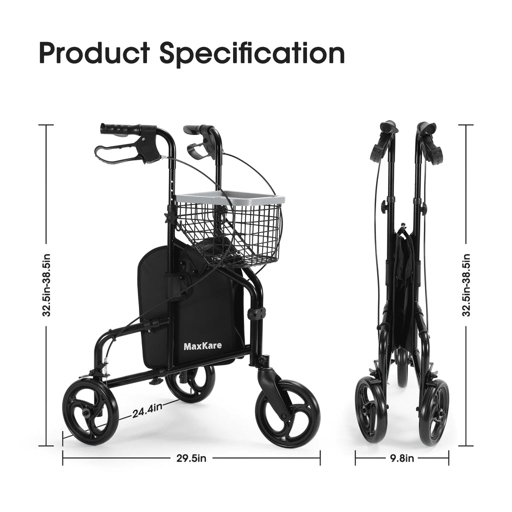 3-Wheel Rollator Walker with Basket & Tray, Black W863868