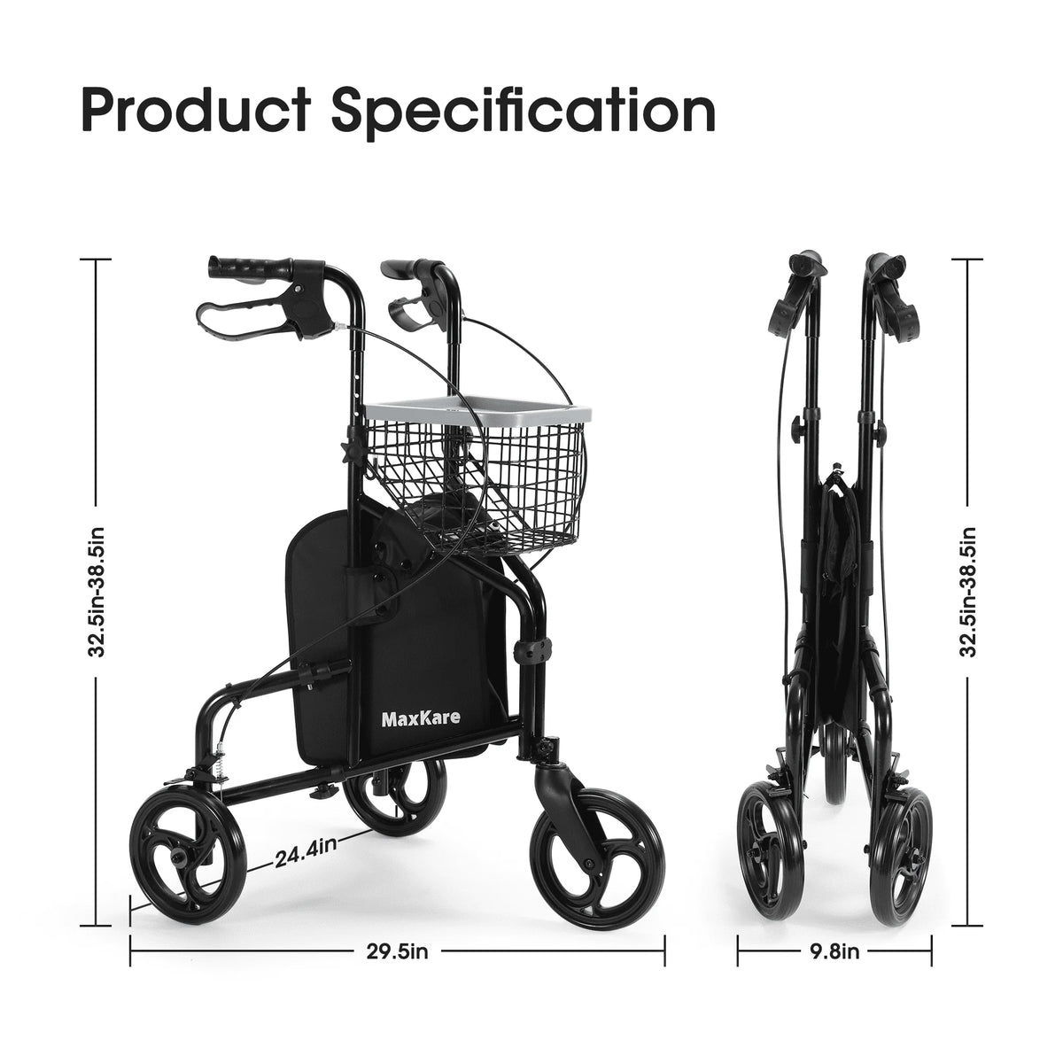 3-Wheel Rollator Walker with Basket & Tray, Black W863868