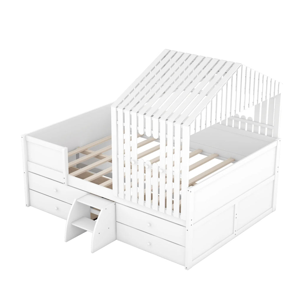Full Size White Wooden Low Loft Bed with 4 Storage Drawers A1762