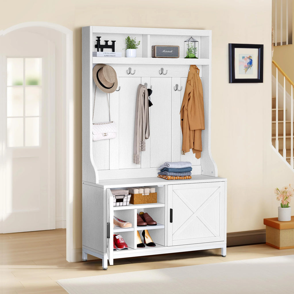 White Hall Tree with Storage Bench and 14 Hooks W72370