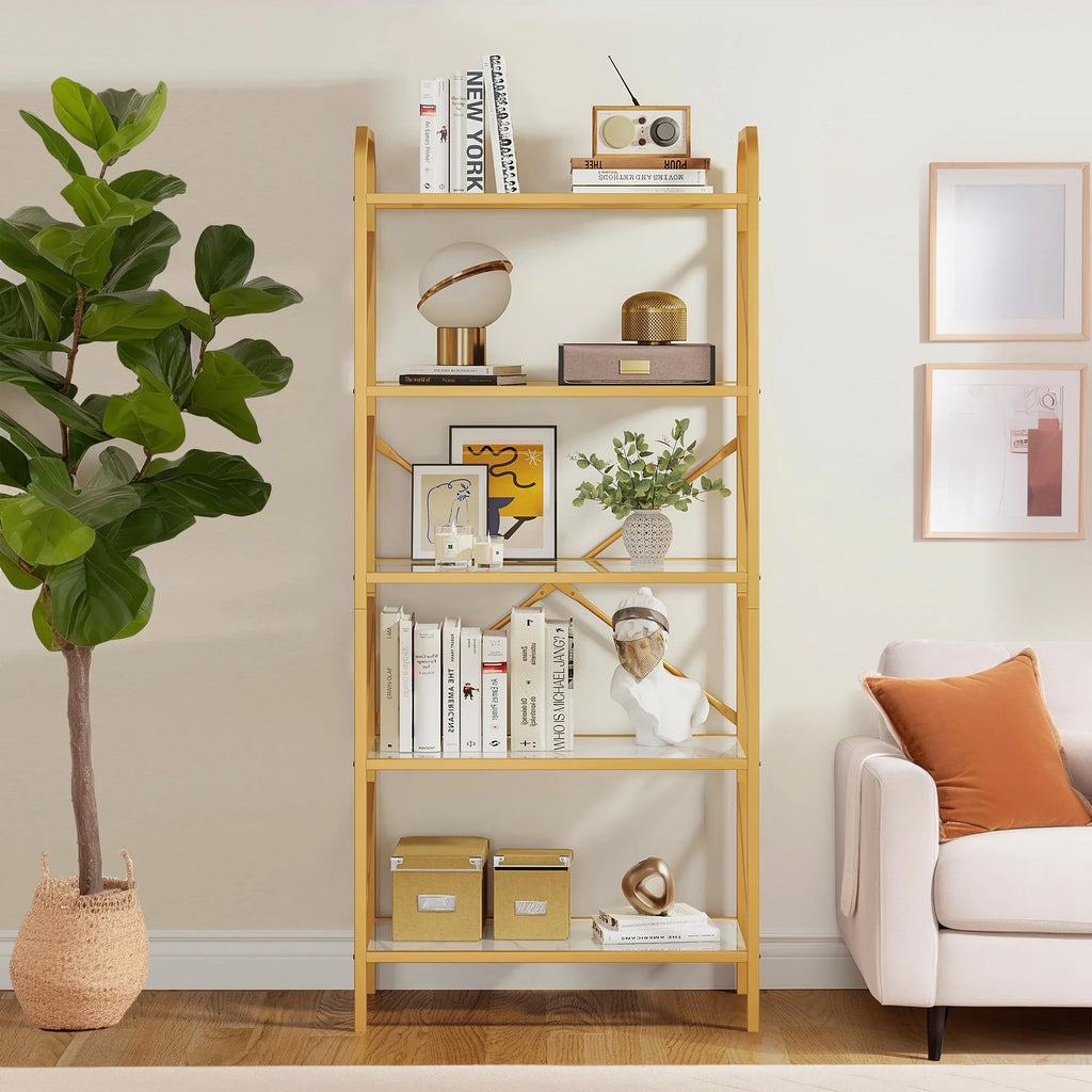 Gold 5 Tier Glass Shelves Bookshelf R519359