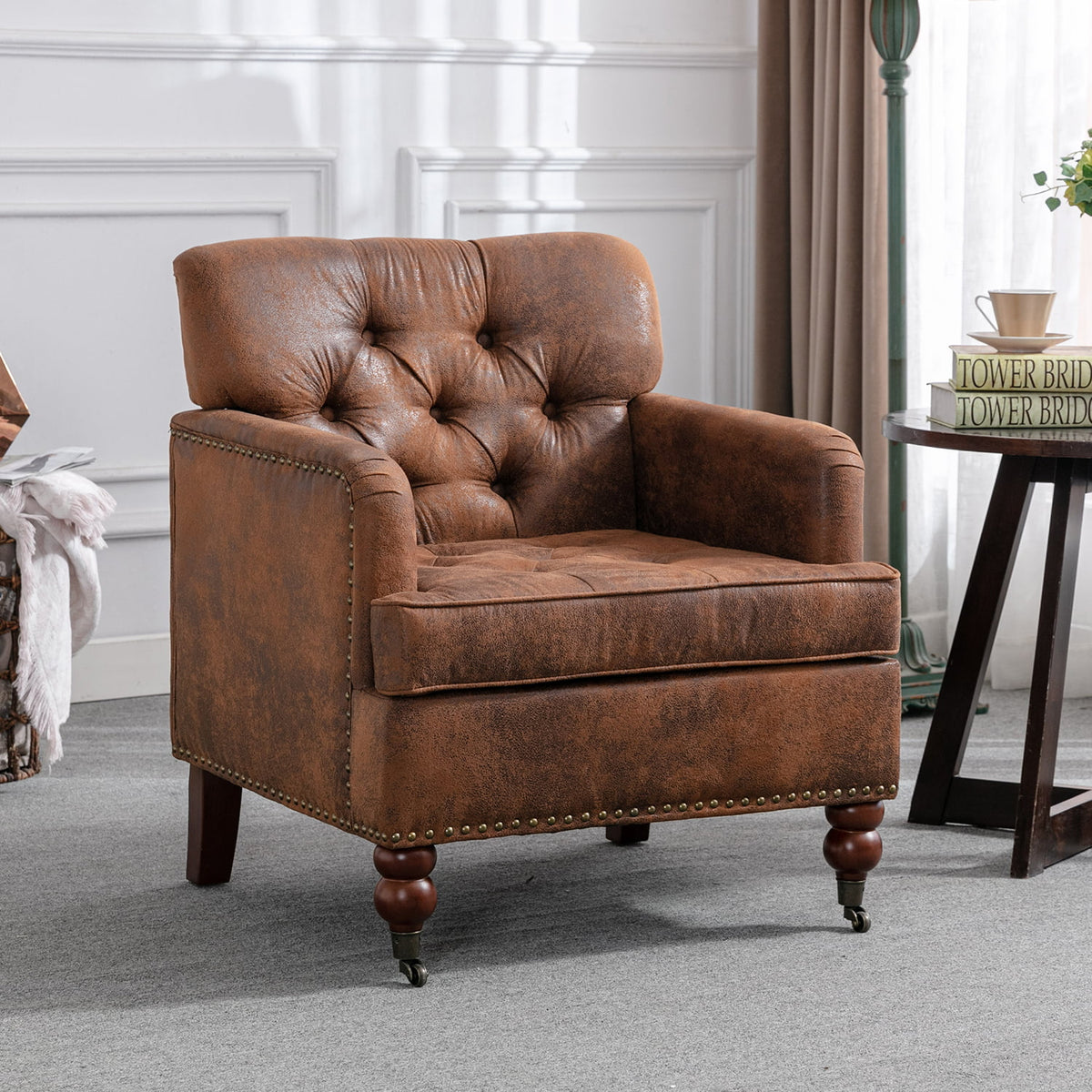 Brown Tufted Upholstered Accent Chair with Wood Legs Y843672