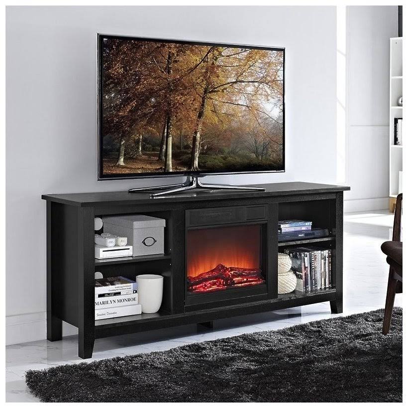 Black Wood TV Stand with Fireplace E190