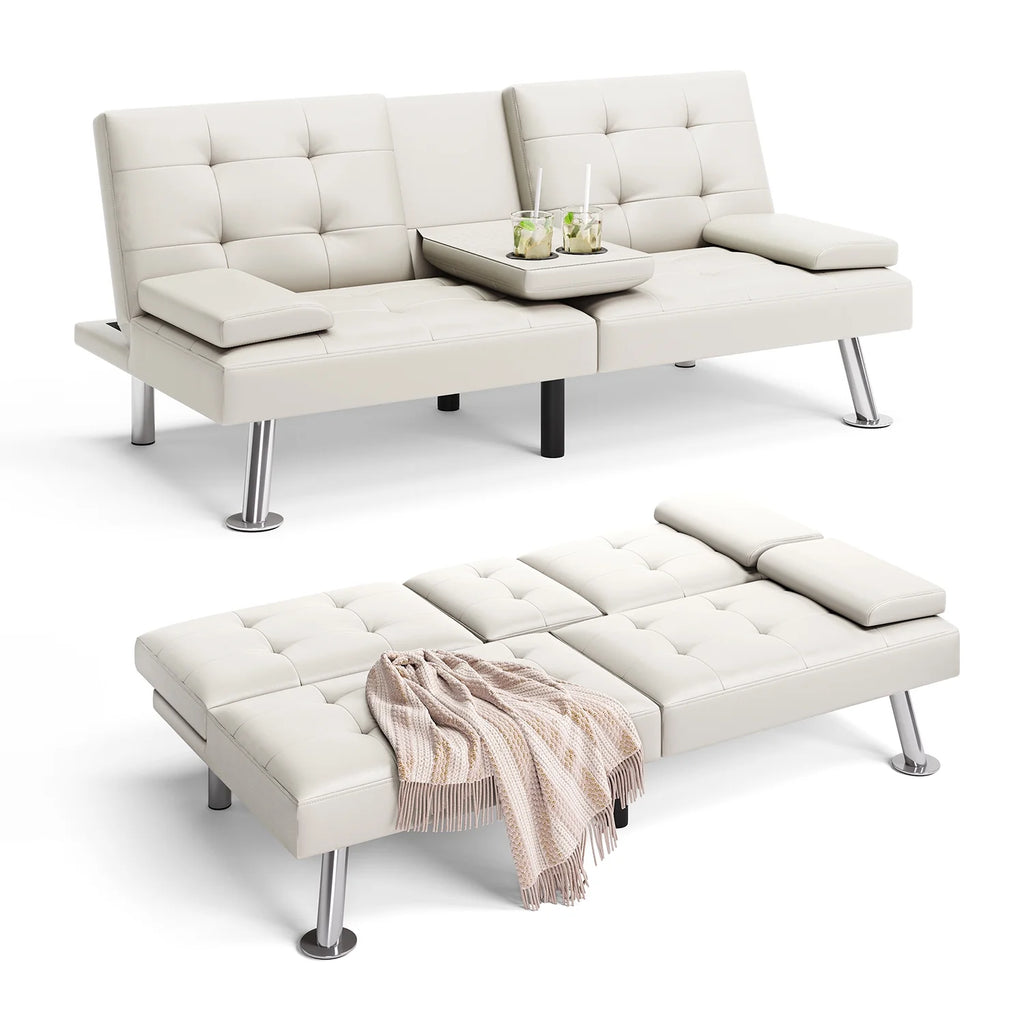 White Faux Leather Futon Couch Y5860