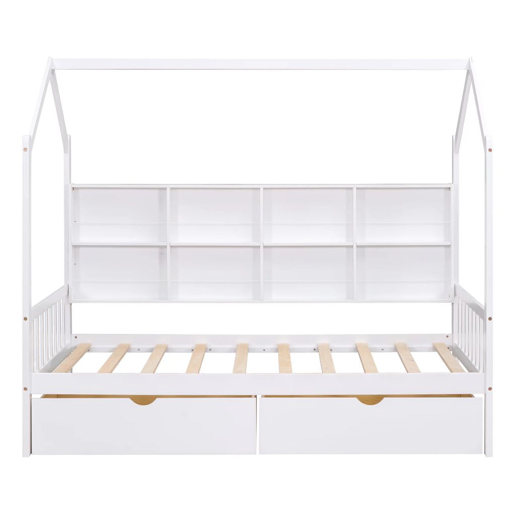 White Twin House Bed with Storage Drawers and Shelves J4041