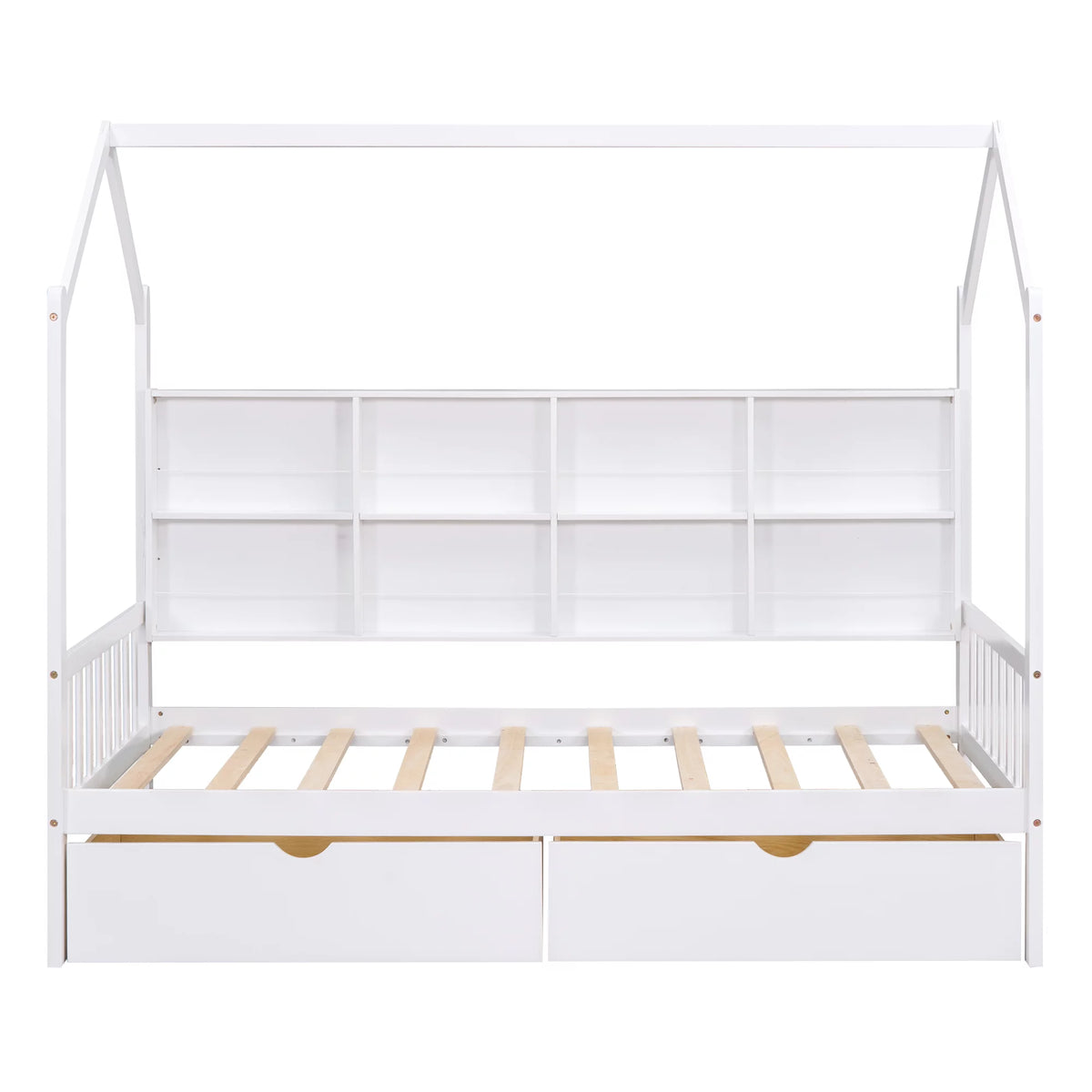 White Twin House Bed with Storage Drawers and Shelves J4041